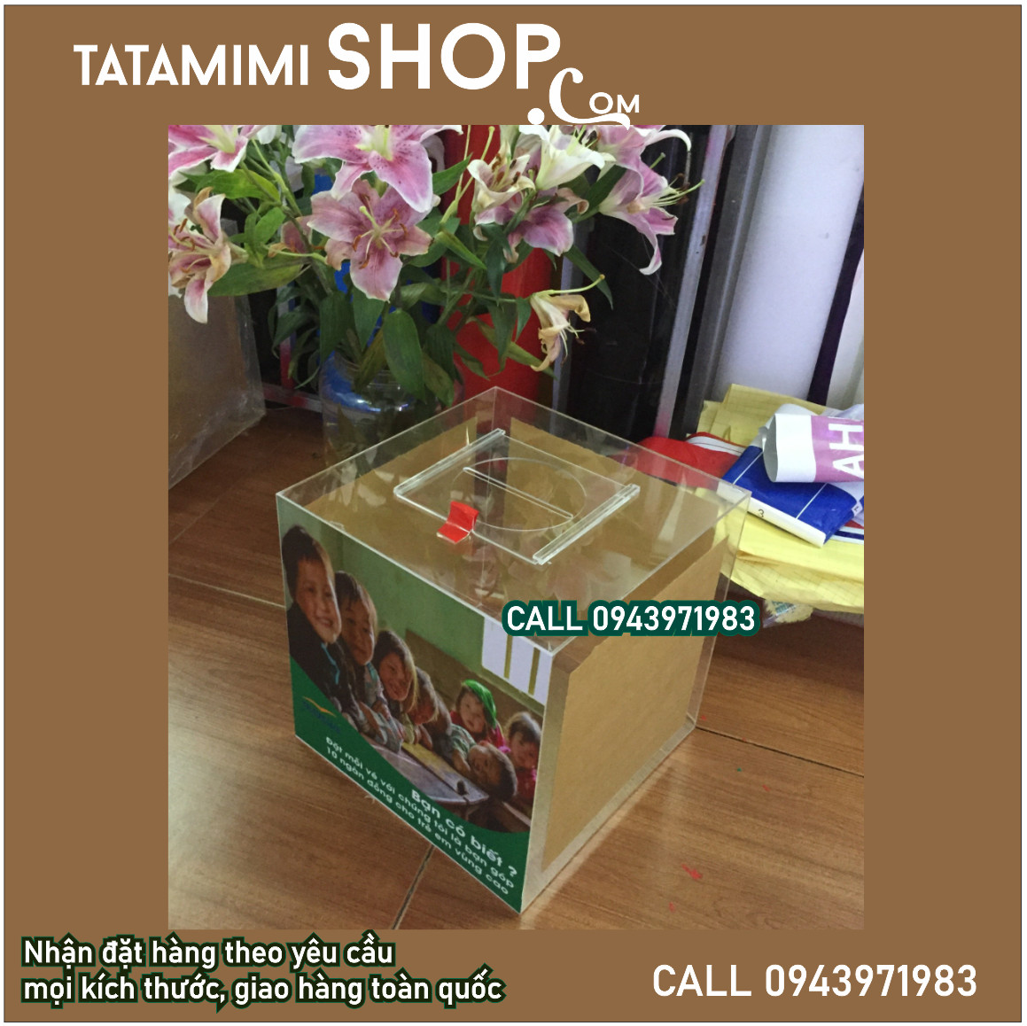 Thùng mica trong nội dung được bồi decal