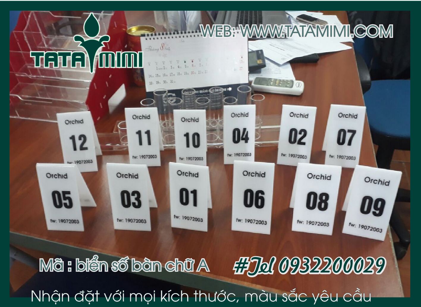 Thẻ để bàn cà phê làm theo màu mica in UV