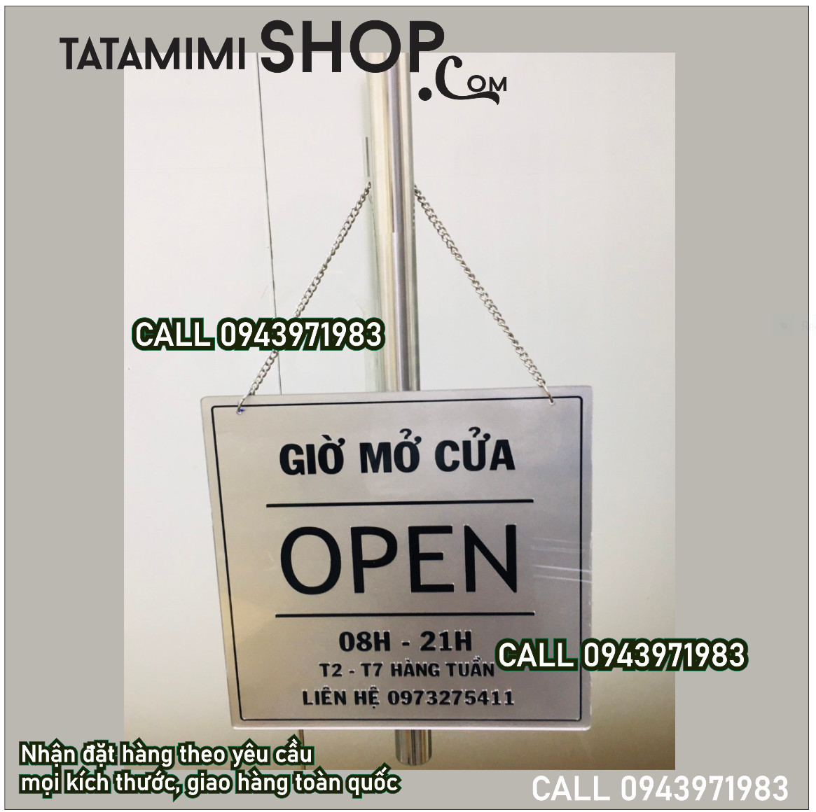 Bảng Open close kết hợp mica và dây xích treo cửa
