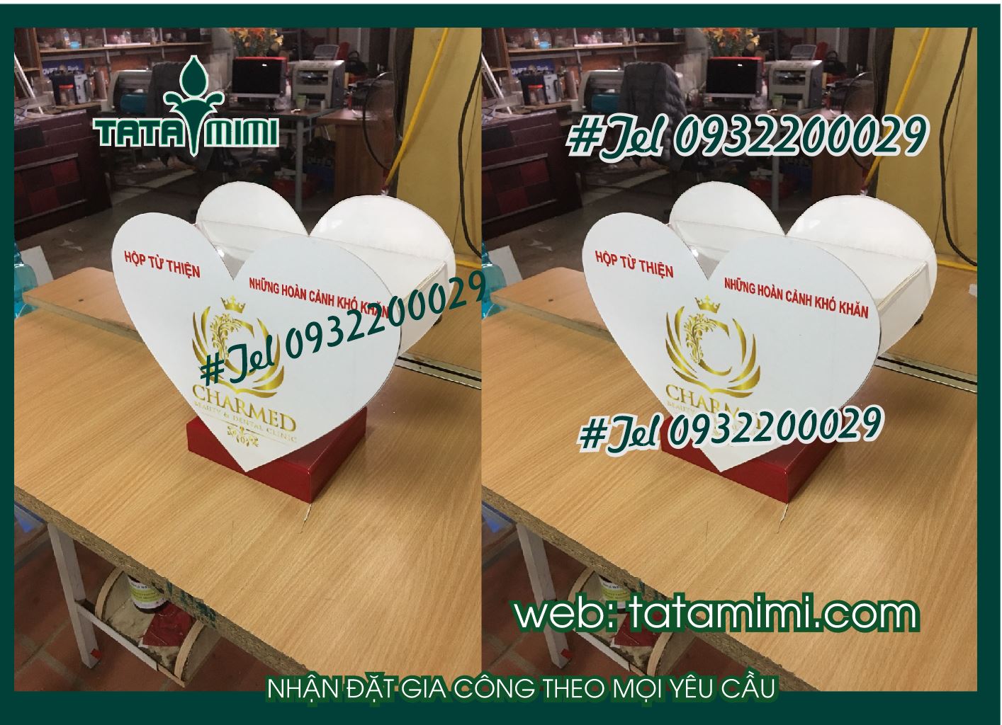 Thùng trái tim mica chân gỗ