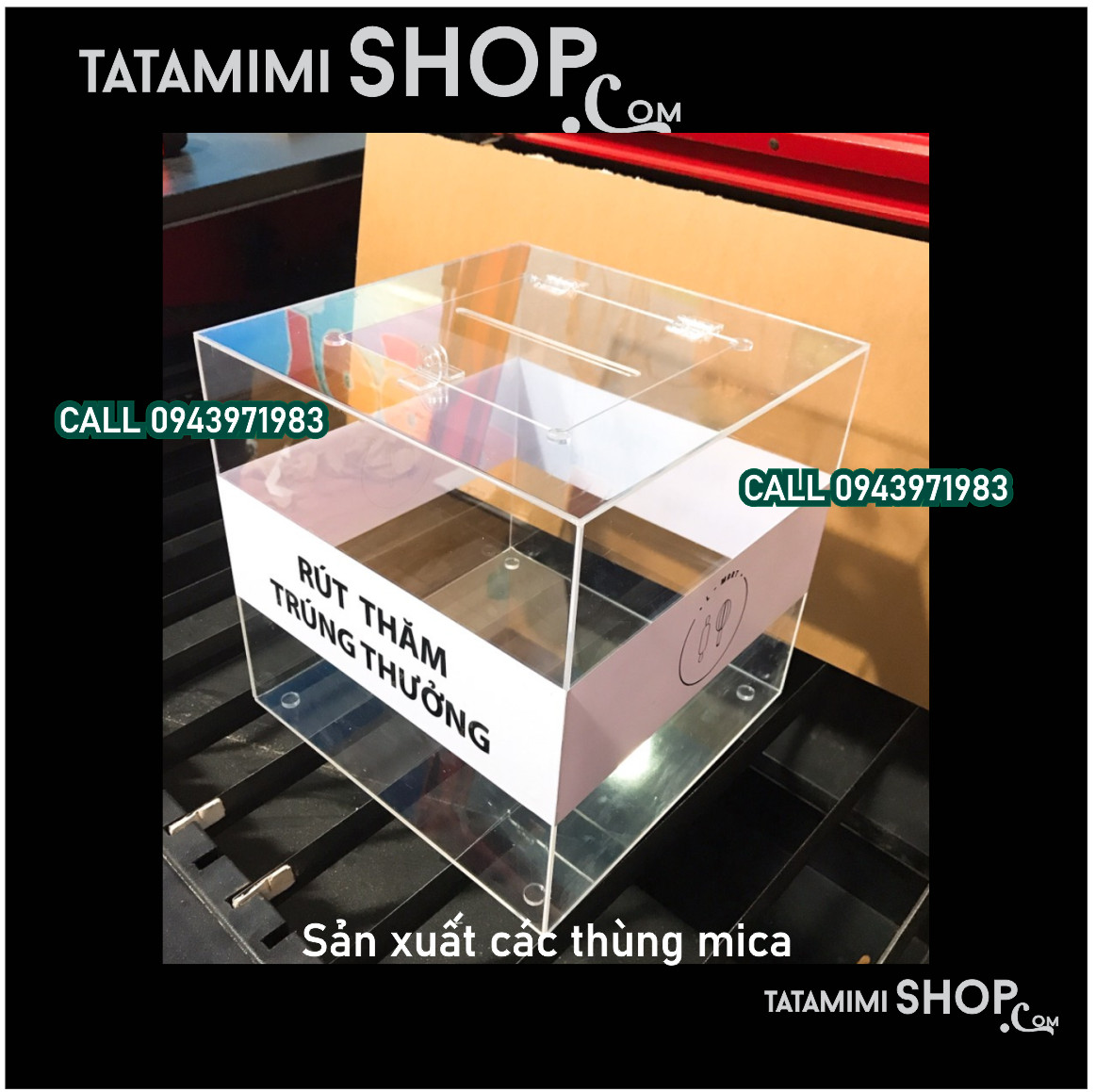 Thùng mica trong nội dung được bồi decal