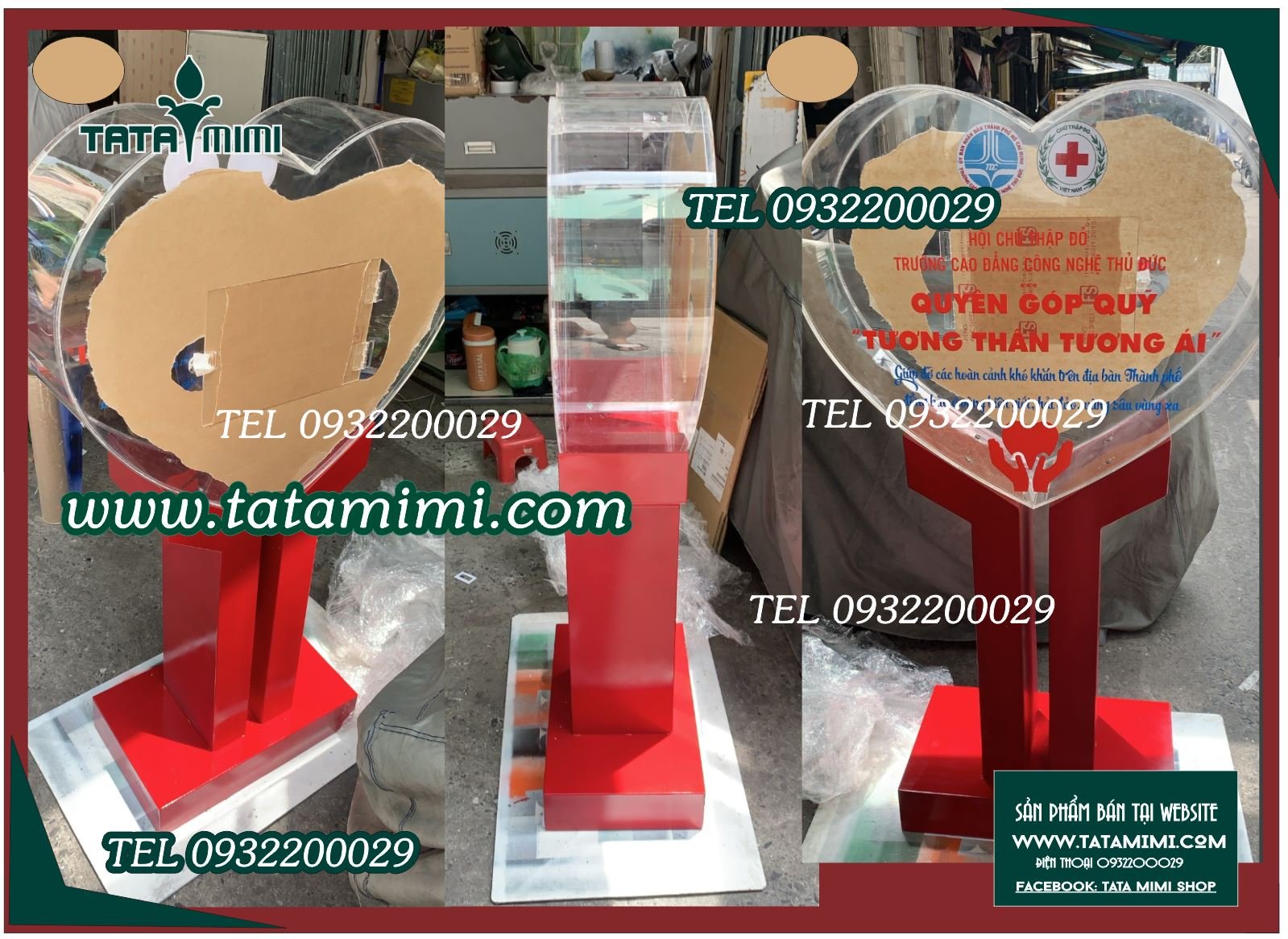 Thùng trái tim mica với logo in decal mờ hoặc màu