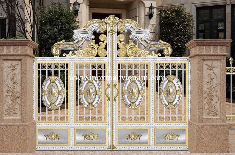 CỬA CỔNG INOX MÀU TRẮNG-VÀNG 304