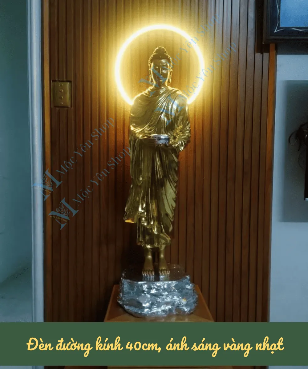 đèn hào quang neon gắn tượng Phật đứng