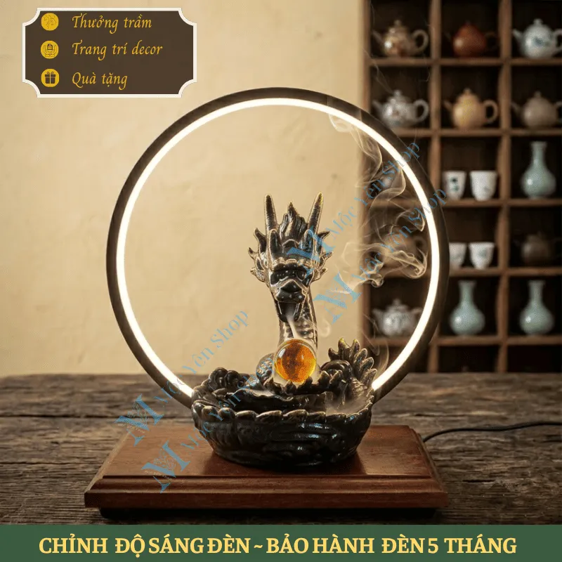 Thác Khói Trầm Hương Mẫu Rồng Nhả Long Châu Kết Hợp Kệ Đèn phù hợp nhiều không gian