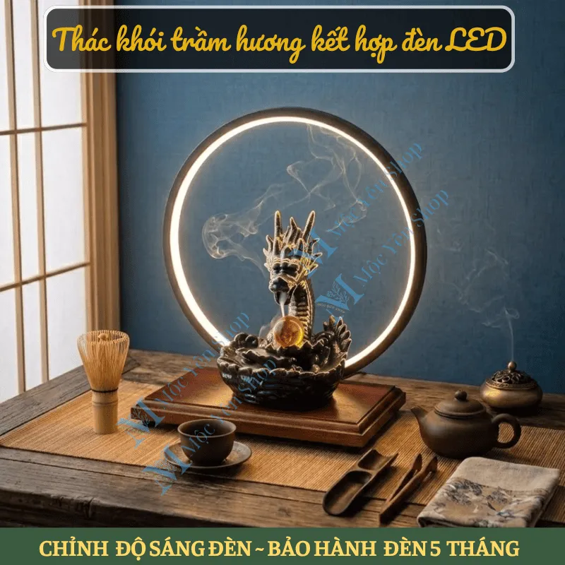 Thác Khói Trầm Hương Mẫu Rồng Nhả Long Châu Kết Hợp Kệ Đèn