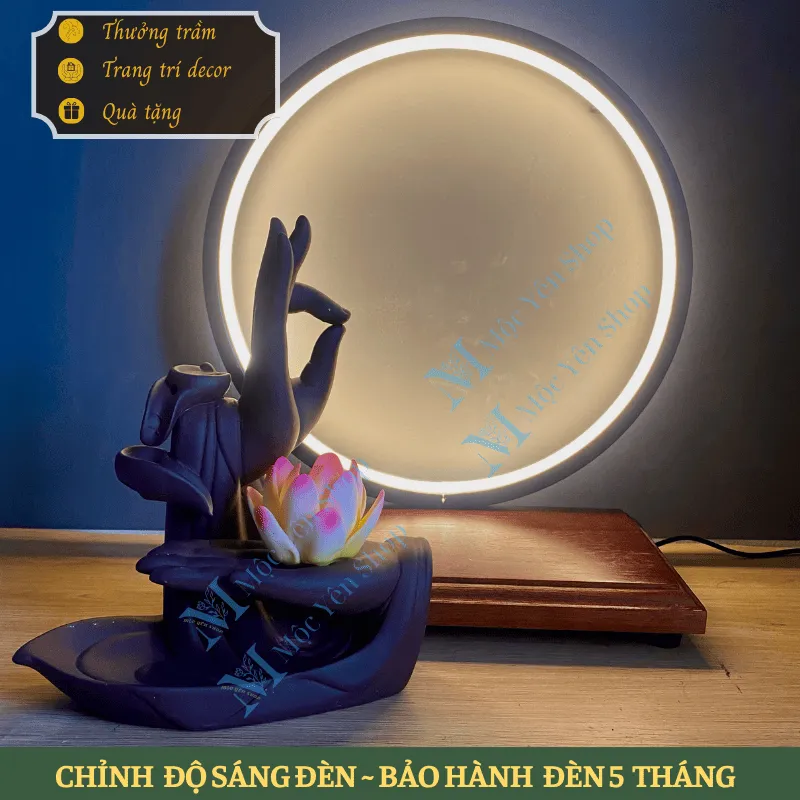 Thác Khói Trầm Hương Mẫu Tay Phật Thủ Ấn Nâu Kết Hợp Kệ Đèn phù hợp nhiều không gian