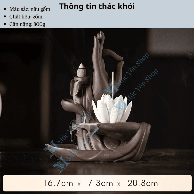 Thác Khói Trầm Hương Mẫu Tay Phật Thủ Ấn Nâu Kết Hợp Kệ Đèn khi mua có kèm theo nu trầm