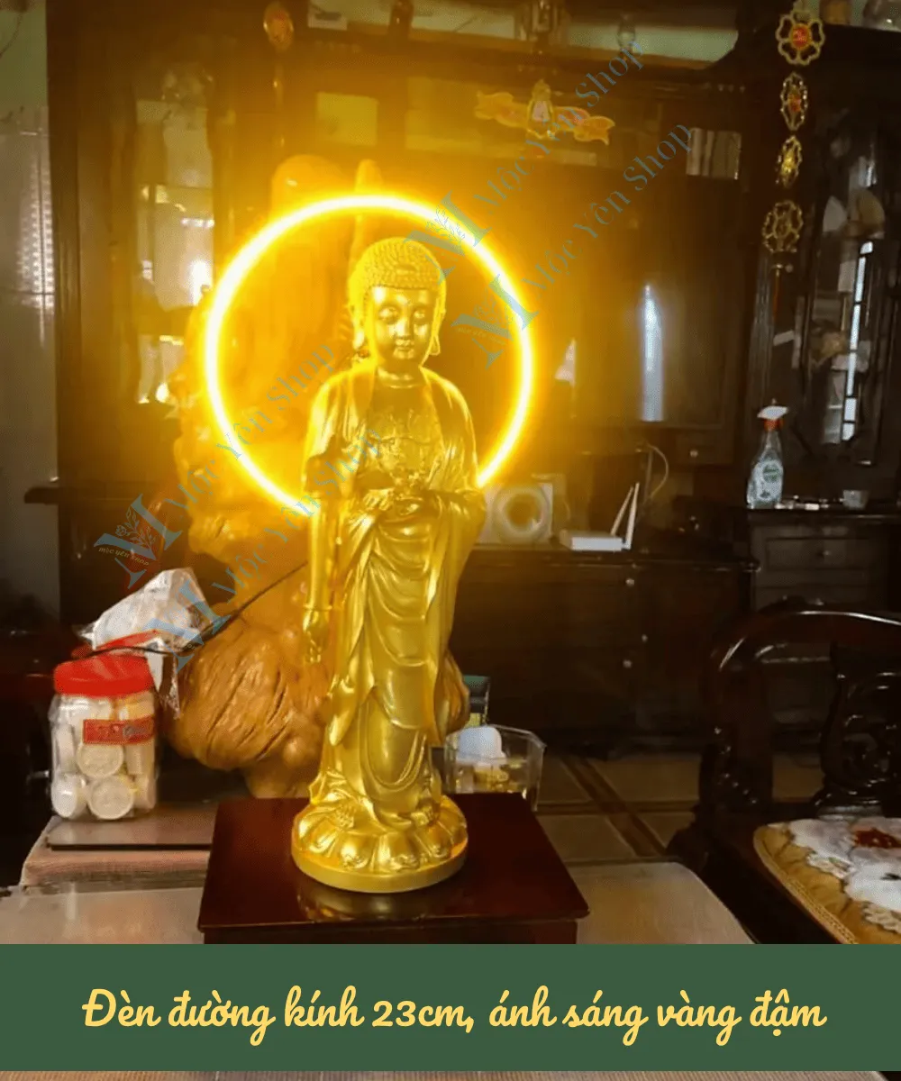 đèn hào quang gắn sau tượng Phật đứng