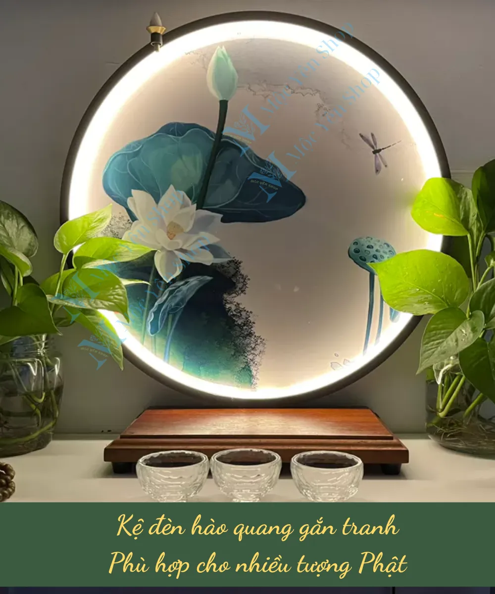 Kệ đèn hào quang gắn tranh phù hợp cho nhiều tượng Phật