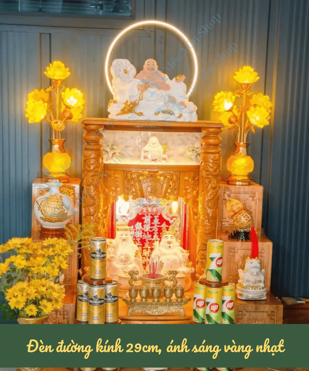 đèn hào quang gắn sau tượng Phật Di Lặc