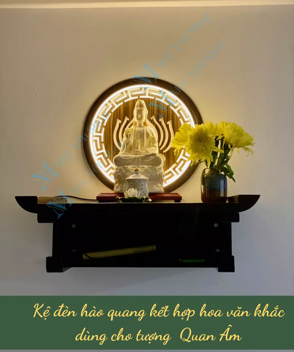 Đèn hào quang kết hợp hoa văn khắc cho tượng Phật Quan Âm