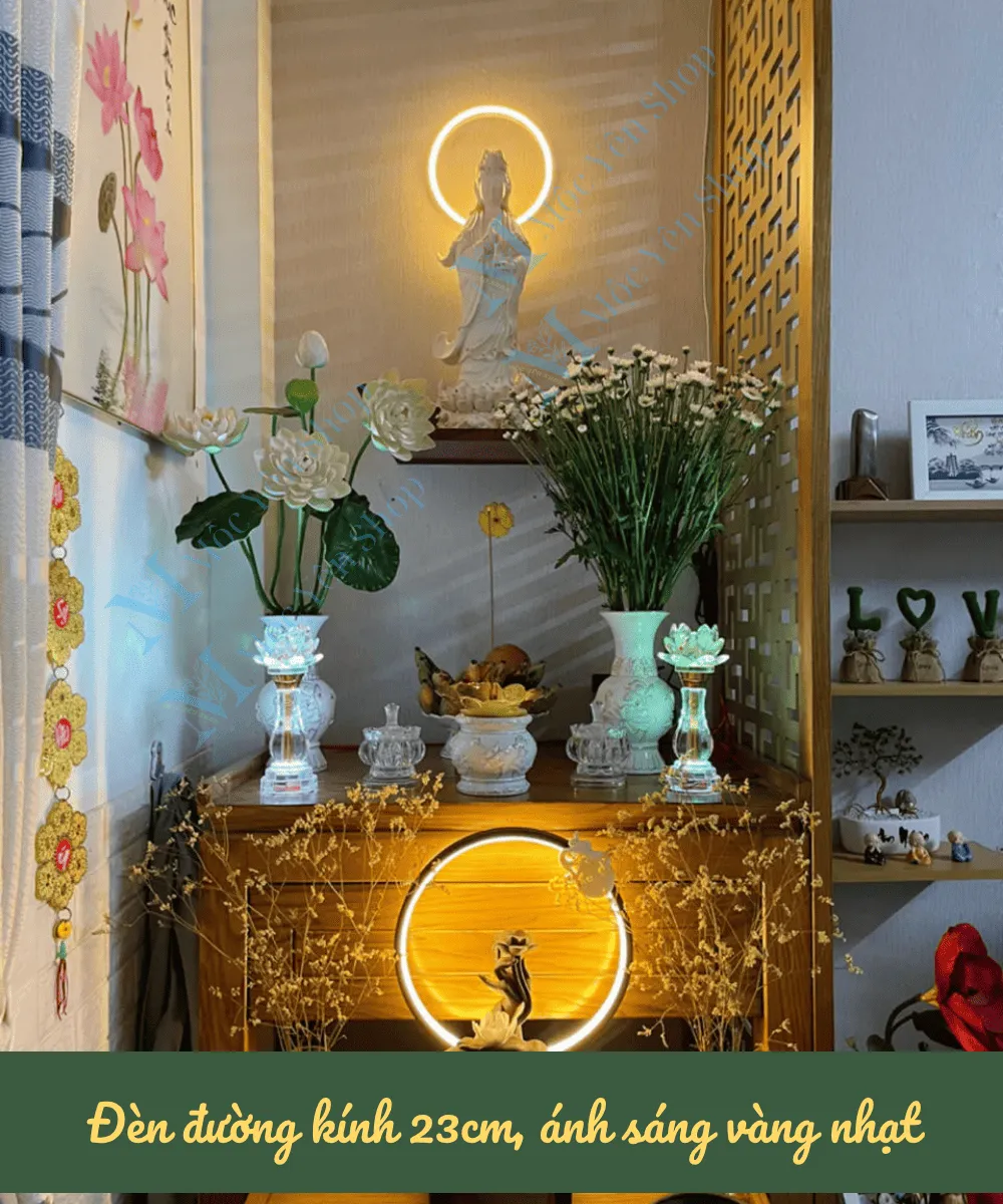 đèn hào quang gắn sau tượng Phật ở tủ thờ