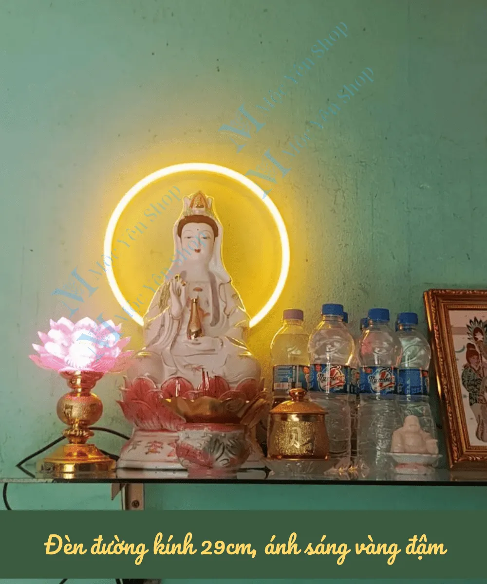 đèn hào quang neon gắn sau tượng Phật Quan Âm