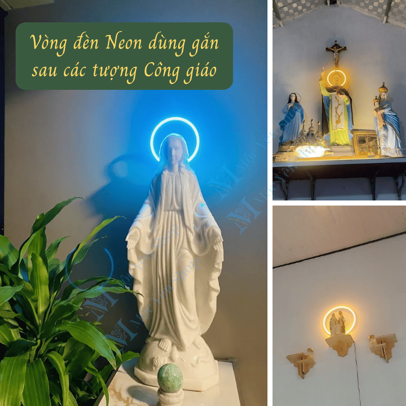 Các đèn hào quang neon được dùng gắn sau tượng bên đạo Công Giáo