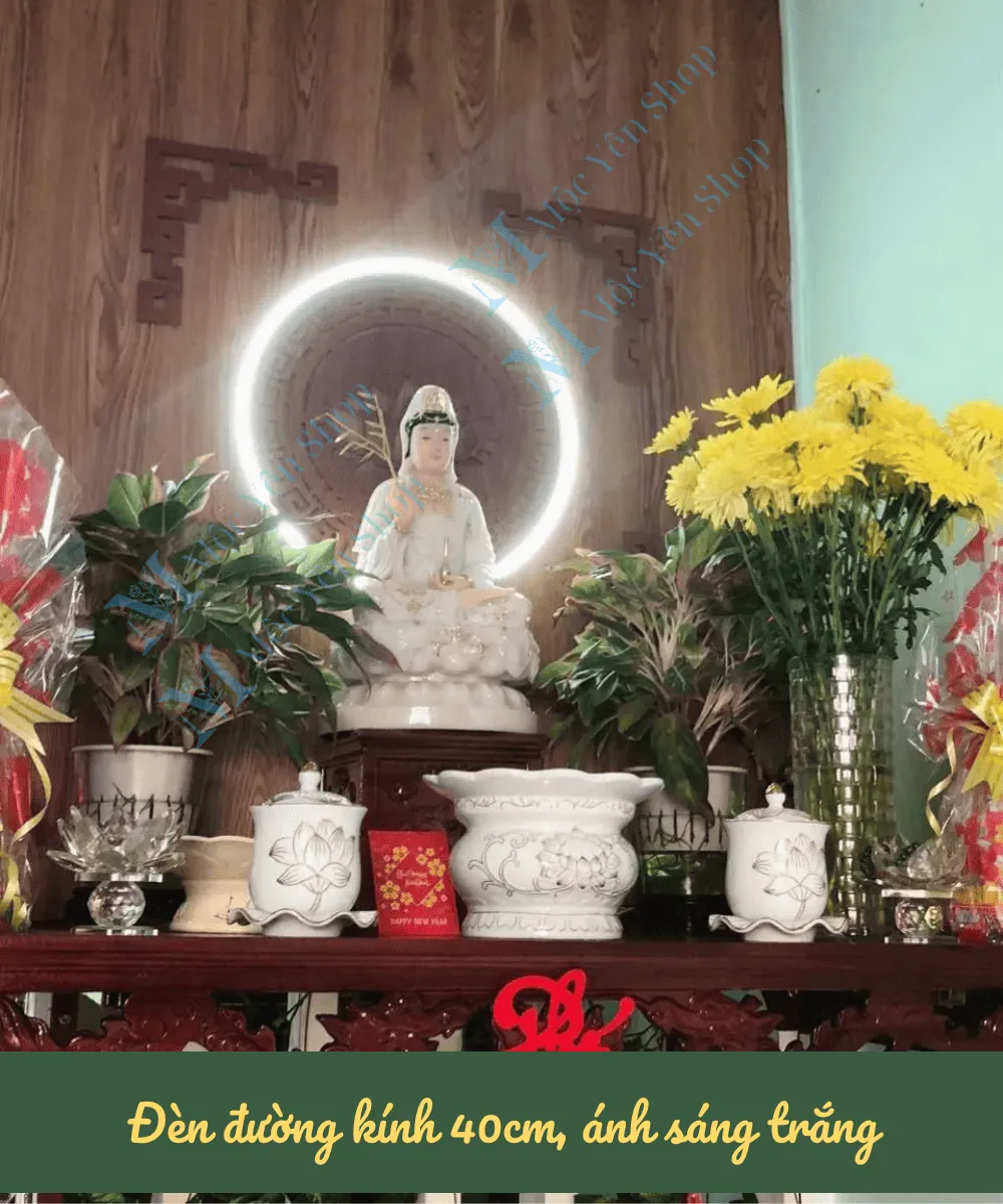 đèn hào quang neon gắn sau tượng Phật Quan Âm