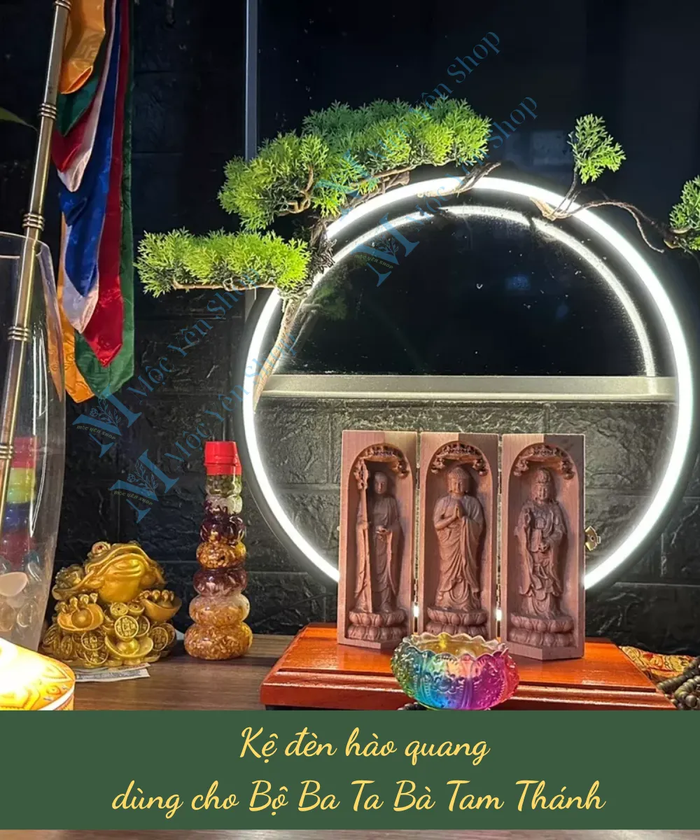 Kệ đèn hào quang cho bộ Ta Bà Tam Thánh gỗ