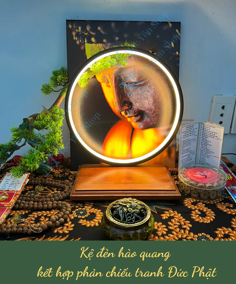 Kệ đèn hào quang kết hợp phản chiếu tranh Đức Phật