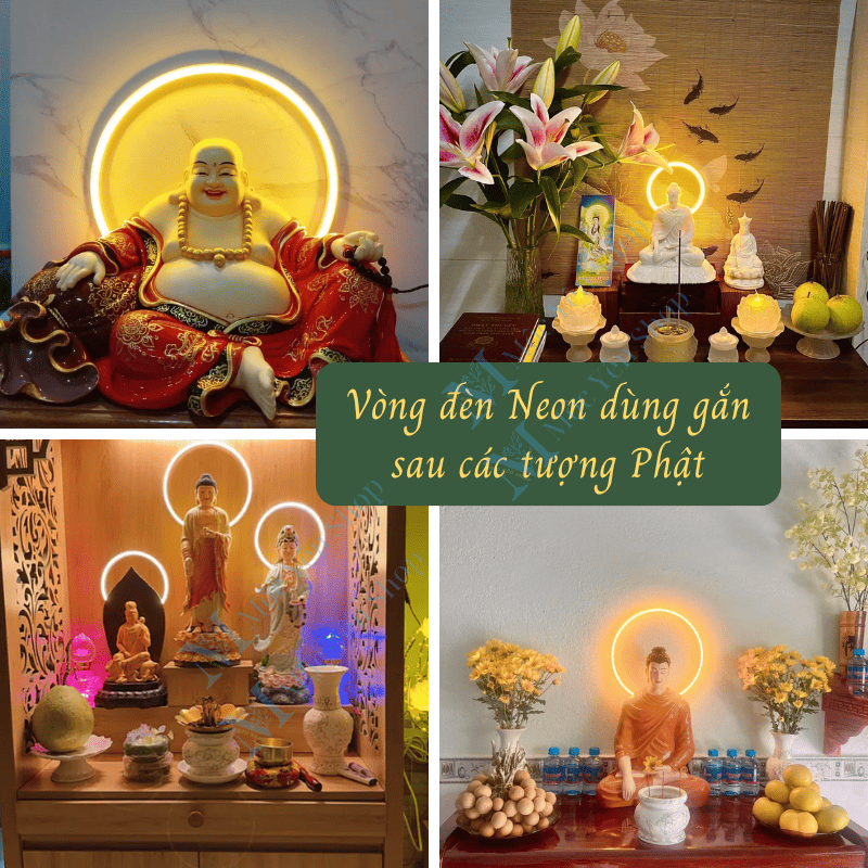 Các đèn hào quang neon được dùng gắn sau tượng Phật