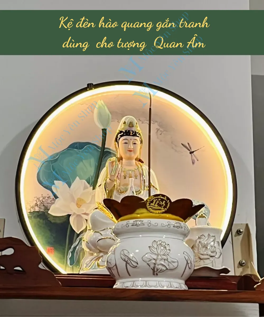 Kệ đèn hào quang gắn tranh cho tượng Quan Âm
