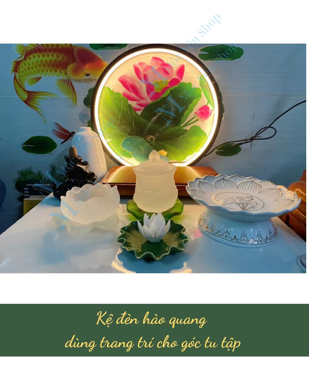 Kệ đèn hào quang dùng trang trí cho góc tu tập
