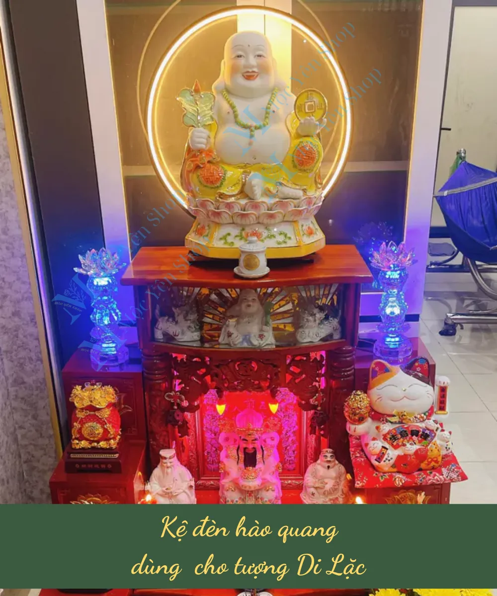 Kệ đèn hào quang gắn tranh dùng sau tượng Di Lặc