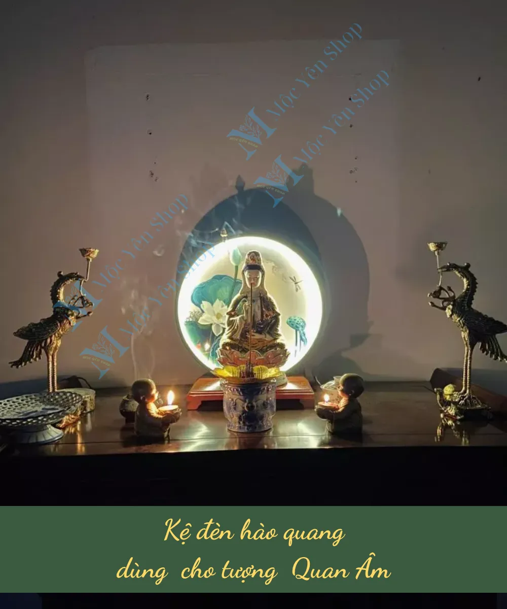 Kệ đèn hào quang gân tranh cho tượng Quan Âm
