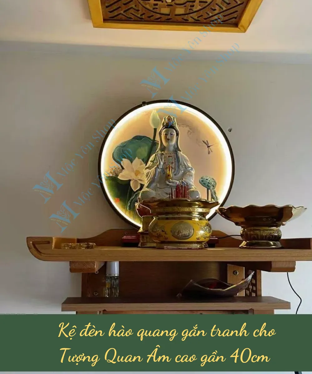 Kệ đèn hào quang gắn tranh dùng sau tượng Phật Quan Âm