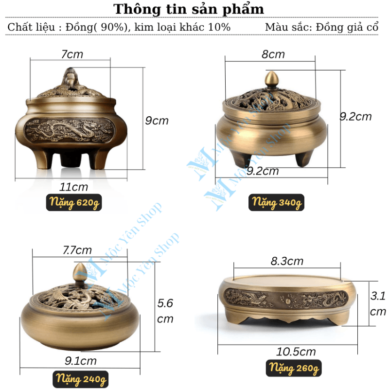Lư xông trầm bằng đồng với nhiều kích thước mẫu mã