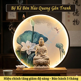Bộ Kệ Đèn Hào Quang Gắn Tranh Tráng Gương Cao Cấp – Kệ Gỗ Đèn Led Đặt Tượng Phật Phong Thủy (Chỉnh Độ Sáng, Bảo Hành 5 Tháng)