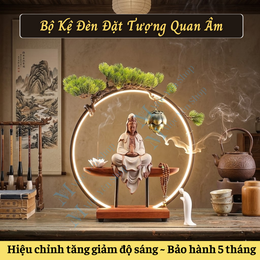 Bộ Kệ Đèn Đặt Tượng Kết Hợp Tượng Quan Âm Cao Cấp – Kệ Gỗ Đèn Led Hào Quang Tiểu Cảnh Tùng Bonsai Đốt Trầm