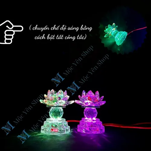 1 Cặp Đèn Hoa Sen Pha Lê Nguyên Khối LED Đổi Màu – 3 Chế Độ Sáng Dùng Cho Bàn Thờ Phật, Gia Tiên