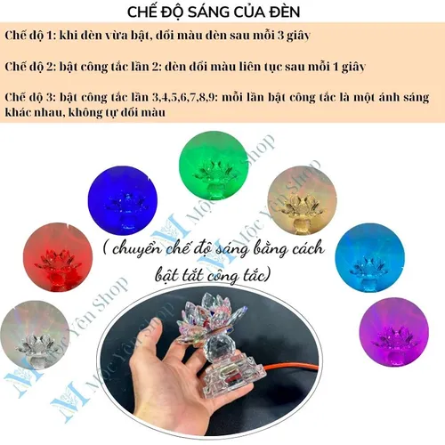 1 Cặp Đèn Hoa Sen Pha Lê Nguyên Khối LED Đổi Màu – 3 Chế Độ Sáng Dùng Cho Bàn Thờ Phật, Gia Tiên