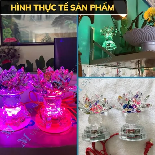 1 Cặp Đèn Hoa Sen Pha Lê Nguyên Khối LED Đổi Màu – 3 Chế Độ Sáng Dùng Cho Bàn Thờ Phật, Gia Tiên