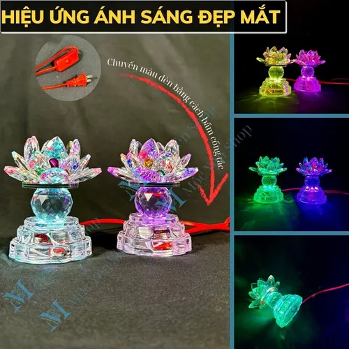 1 Cặp Đèn Hoa Sen Pha Lê Nguyên Khối LED Đổi Màu – 3 Chế Độ Sáng Dùng Cho Bàn Thờ Phật, Gia Tiên