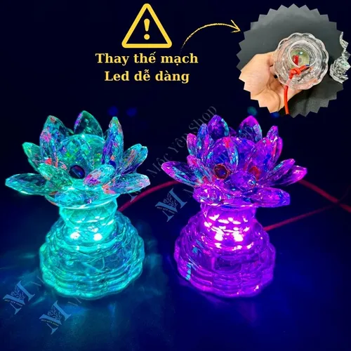 1 Cặp Đèn Hoa Sen Pha Lê Nguyên Khối LED Đổi Màu – 3 Chế Độ Sáng Dùng Cho Bàn Thờ Phật, Gia Tiên