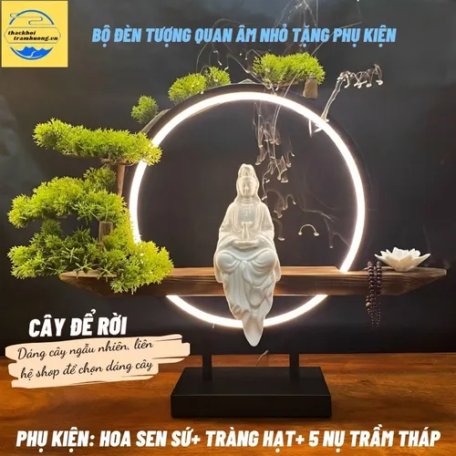Bộ đèn đặt tượng Quan Âm nhỏ tặng kèm phụ kiện trang trí
