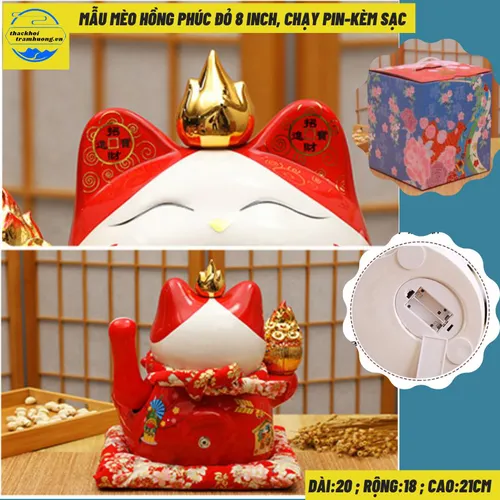 Mèo thần tài Mẫu Mèo Hồng Phúc Đỏ Size 8inch( Dài 20, rộng 18, cao 21cm~ Nặng  2kg)~ Tặng phụ kiện