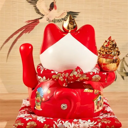 Mèo thần tài Mẫu Mèo Hồng Phúc Đỏ Size 8inch( Dài 20, rộng 18, cao 21cm~ Nặng  2kg)~ Tặng phụ kiện