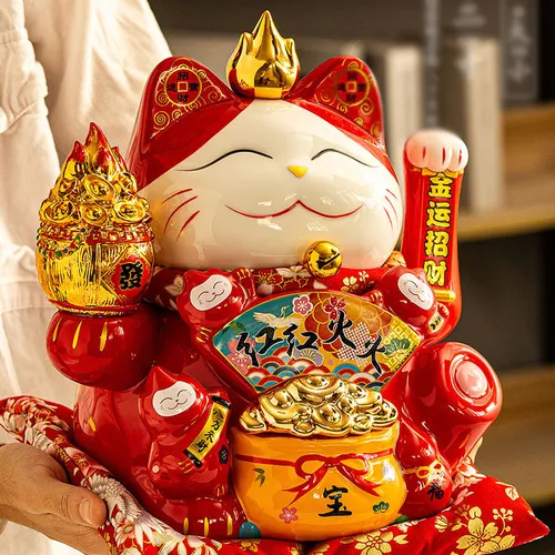 Mèo thần tài Mẫu Mèo Hồng Phúc Đỏ Size 8inch( Dài 20, rộng 18, cao 21cm~ Nặng  2kg)~ Tặng phụ kiện