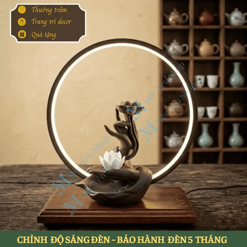 Thác Khói Trầm Hương Mẫu Tay Phật Nâu Kết Hợp Kệ Đèn