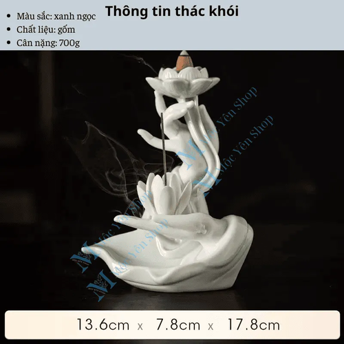 Thác Khói Trầm Hương Mẫu Tay Phật Ngọc Nâng Hoa Sen Kết Hợp Kệ Đèn