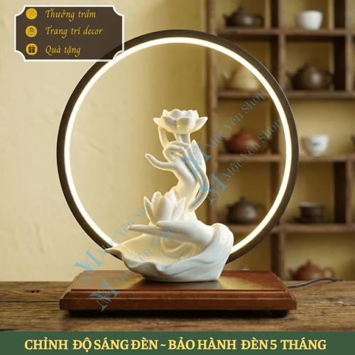 Thác Khói Trầm Hương Mẫu Tay Phật Ngọc Nâng Hoa Sen Kết Hợp Kệ Đèn