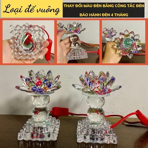 Bộ 2 Đèn Hoa Sen Pha Lê Đổi Màu 3 Chế Độ Sáng – Đèn Thờ Cúng Bàn Thờ Phật, Gia Tiên Cao Cấp