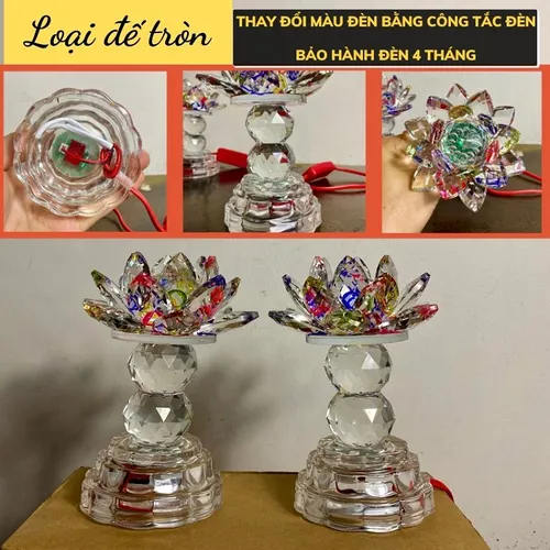 Bộ 2 Đèn Hoa Sen Pha Lê Đổi Màu 3 Chế Độ Sáng – Đèn Thờ Cúng Bàn Thờ Phật, Gia Tiên Cao Cấp