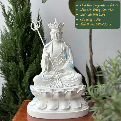 Tượng Phật Địa Tạng Bồ Tát Cao 30cm Ngang 19cm Dáng Ngồi – Tượng Địa Tạng Vương Bằng Bột Đá Trắng Thờ Cúng, Đặt Kệ Đèn Decor Cao Cấp
