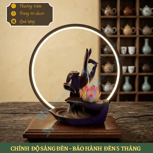 Thác Khói Trầm Hương Mẫu Tay Phật Thủ Ấn Nâu Kết Hợp Kệ Đèn