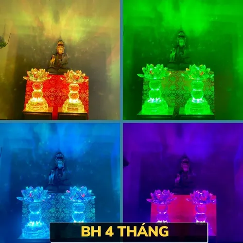 Bộ 2 Đèn Hoa Sen Pha Lê Đổi Màu 3 Chế Độ Sáng – Đèn Thờ Cúng Bàn Thờ Phật, Gia Tiên Cao Cấp