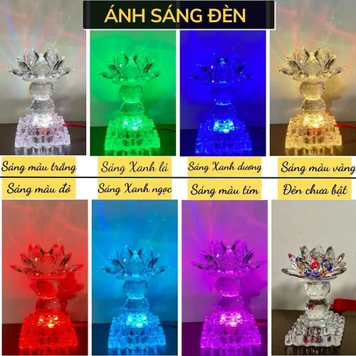 Bộ 2 Đèn Hoa Sen Pha Lê Đổi Màu 3 Chế Độ Sáng – Đèn Thờ Cúng Bàn Thờ Phật, Gia Tiên Cao Cấp