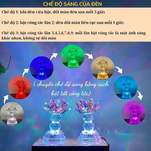 Bộ 2 Đèn Hoa Sen Pha Lê Đổi Màu 3 Chế Độ Sáng – Đèn Thờ Cúng Bàn Thờ Phật, Gia Tiên Cao Cấp